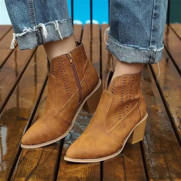 Light BrownLaser Cutout Tan Heeled Zip Ankle Boots - Picture 2 of 6